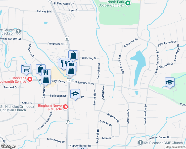 map of restaurants, bars, coffee shops, grocery stores, and more near 36 Charlesmeade Drive in Jackson