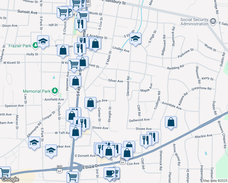 map of restaurants, bars, coffee shops, grocery stores, and more near 810 Highland Street in Asheboro