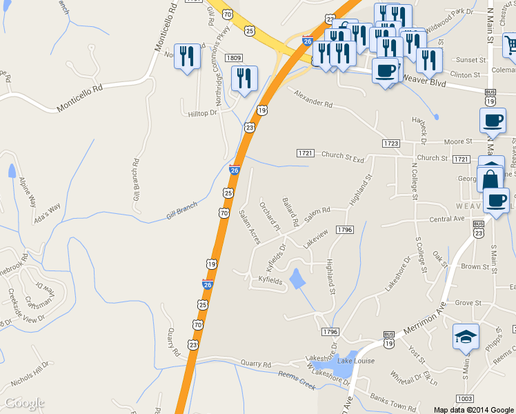 map of restaurants, bars, coffee shops, grocery stores, and more near 9 Orchard Place in Weaverville