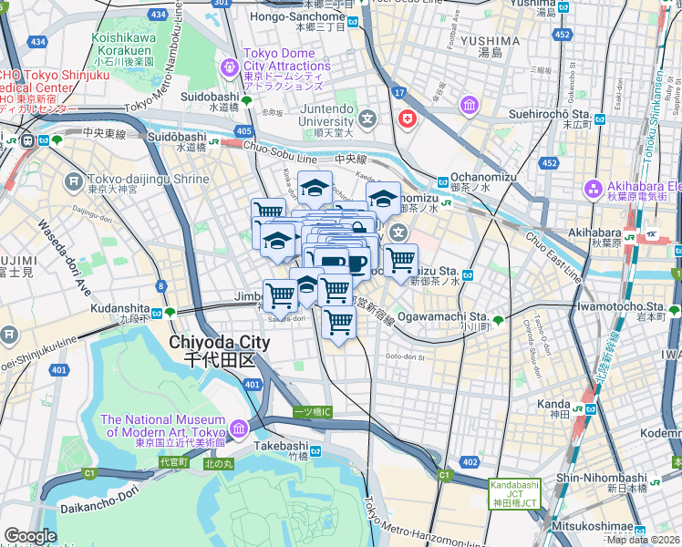 map of restaurants, bars, coffee shops, grocery stores, and more near in Chiyoda-ku
