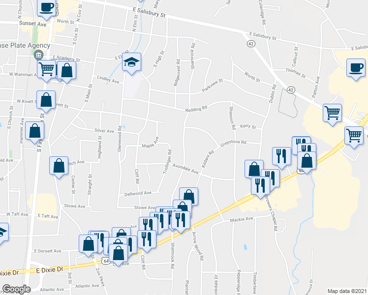 map of restaurants, bars, coffee shops, grocery stores, and more near 810 Shamrock Road in Asheboro