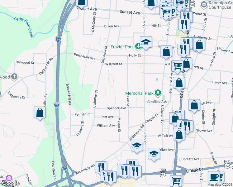 map of restaurants, bars, coffee shops, grocery stores, and more near 812 Lee Street in Asheboro