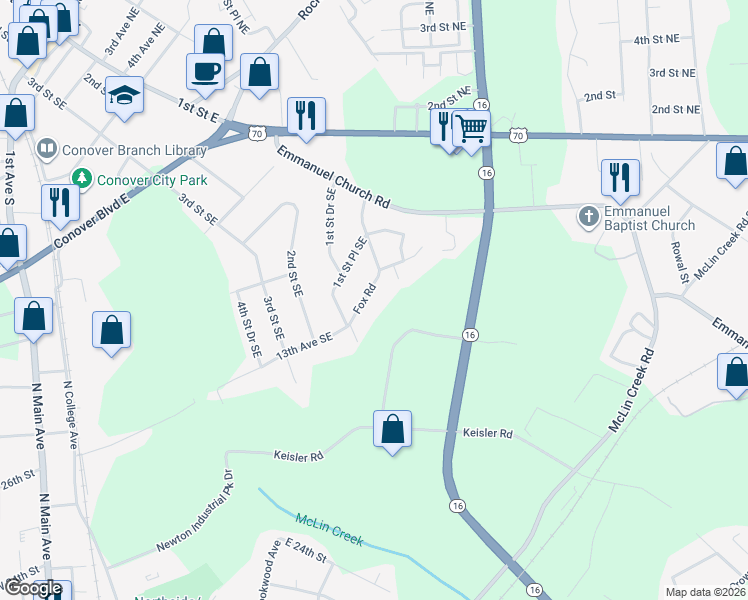 map of restaurants, bars, coffee shops, grocery stores, and more near 115 Fox Road in Conover