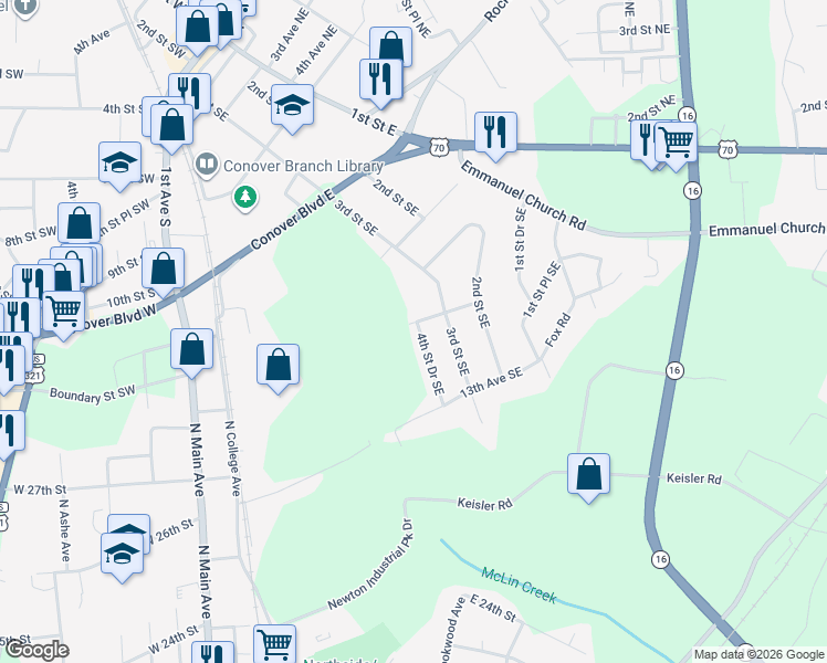 map of restaurants, bars, coffee shops, grocery stores, and more near 1104 4th Street Drive Southeast in Conover