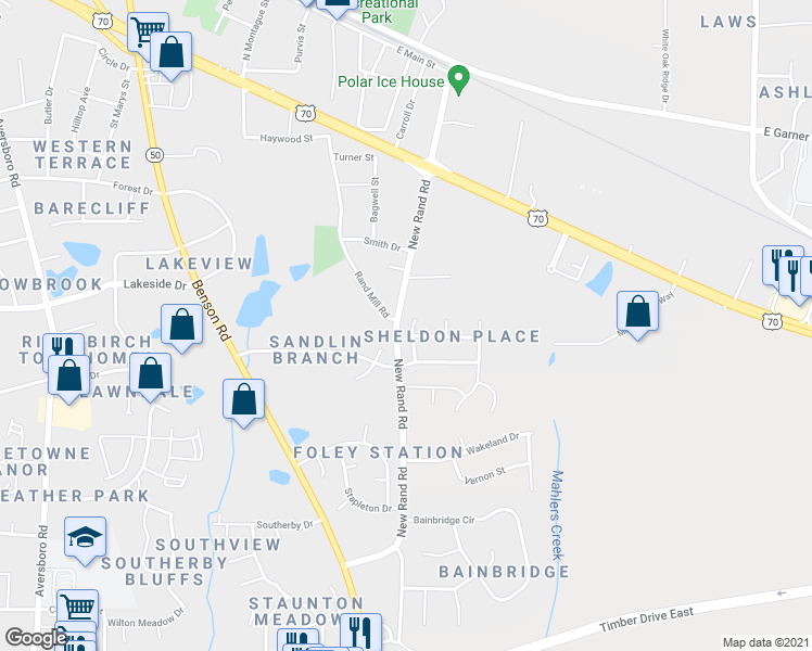 map of restaurants, bars, coffee shops, grocery stores, and more near 119 Gatewood Ridge Court in Garner