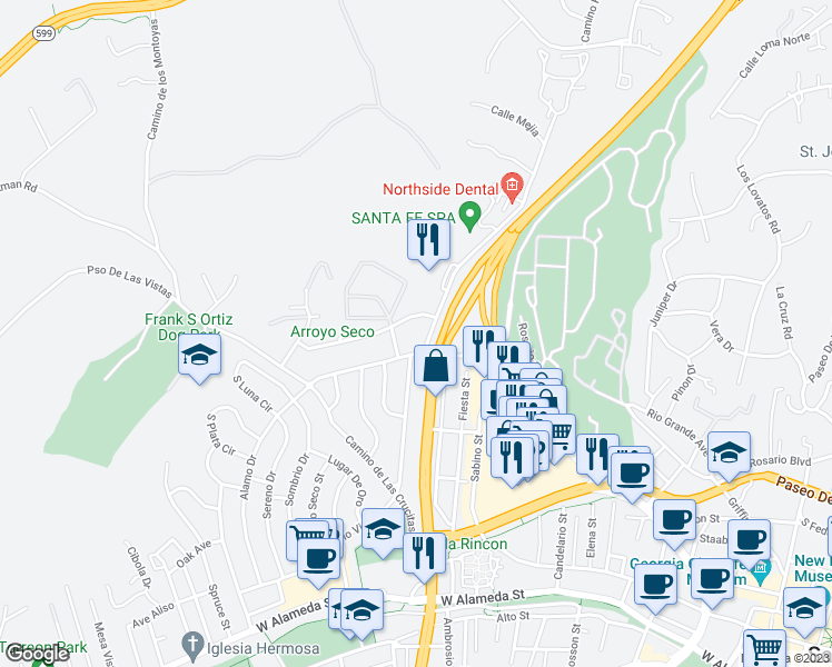 map of restaurants, bars, coffee shops, grocery stores, and more near 442 Greg Avenue in Santa Fe