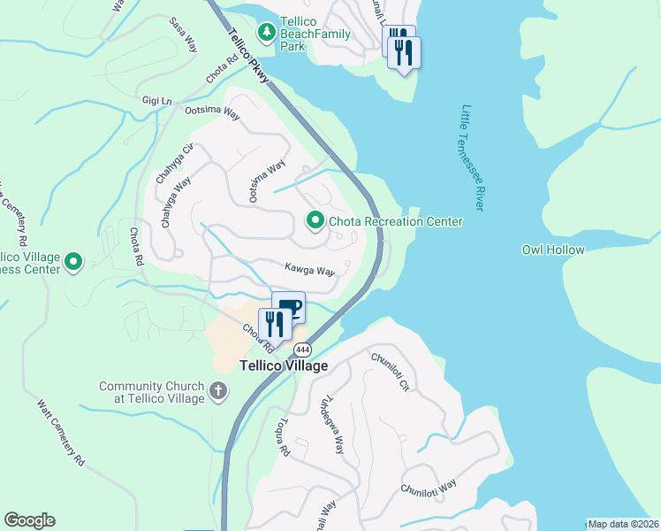 map of restaurants, bars, coffee shops, grocery stores, and more near 149 Kawga Way in Loudon