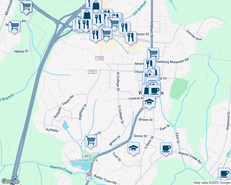map of restaurants, bars, coffee shops, grocery stores, and more near 20 College Crescent in Weaverville