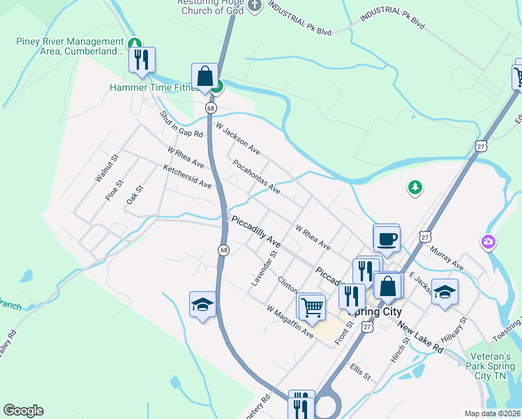 map of restaurants, bars, coffee shops, grocery stores, and more near 644 Piccadilly Avenue in Spring City