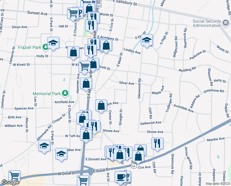 map of restaurants, bars, coffee shops, grocery stores, and more near 822 Center Street in Asheboro