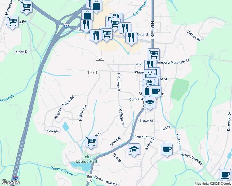 map of restaurants, bars, coffee shops, grocery stores, and more near 20 College Crescent in Weaverville