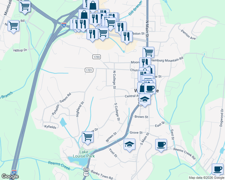 map of restaurants, bars, coffee shops, grocery stores, and more near 20 North College Street in Weaverville