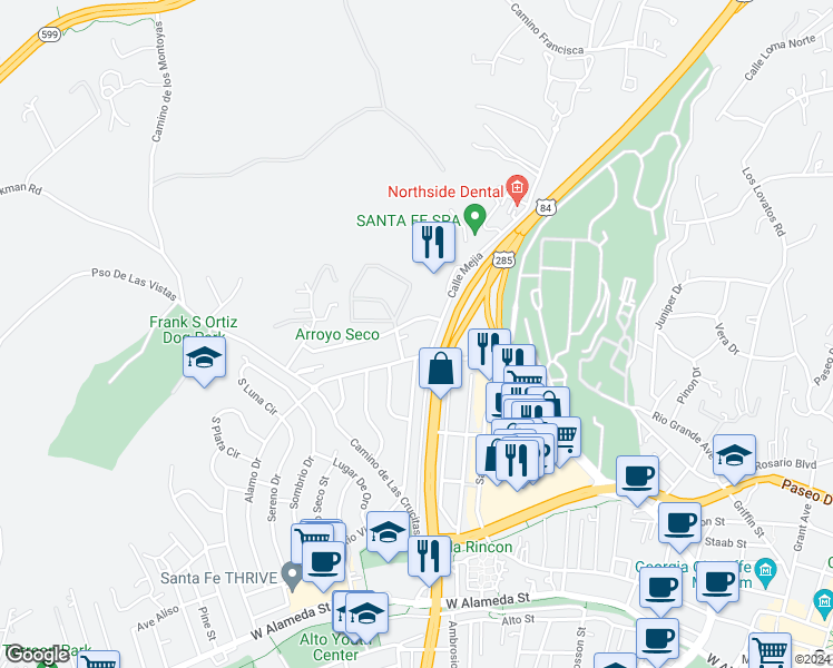 map of restaurants, bars, coffee shops, grocery stores, and more near 442 Gregg Avenue in Santa Fe