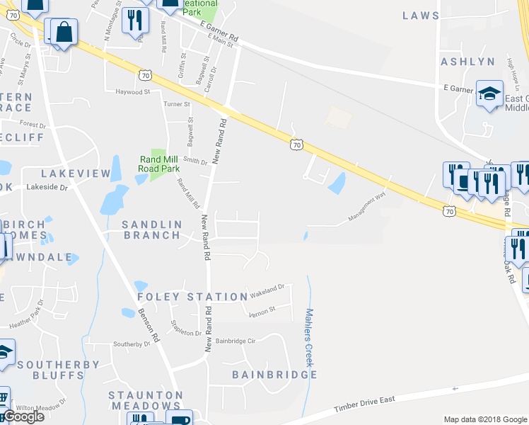 map of restaurants, bars, coffee shops, grocery stores, and more near 117 Oakton Ridge Place in Garner