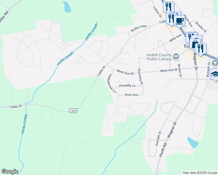 map of restaurants, bars, coffee shops, grocery stores, and more near 245 Valleybrook Lane in Troutman