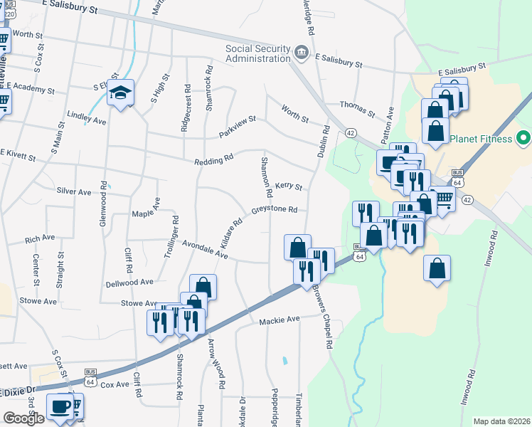 map of restaurants, bars, coffee shops, grocery stores, and more near 924 Greystone Rd in Asheboro
