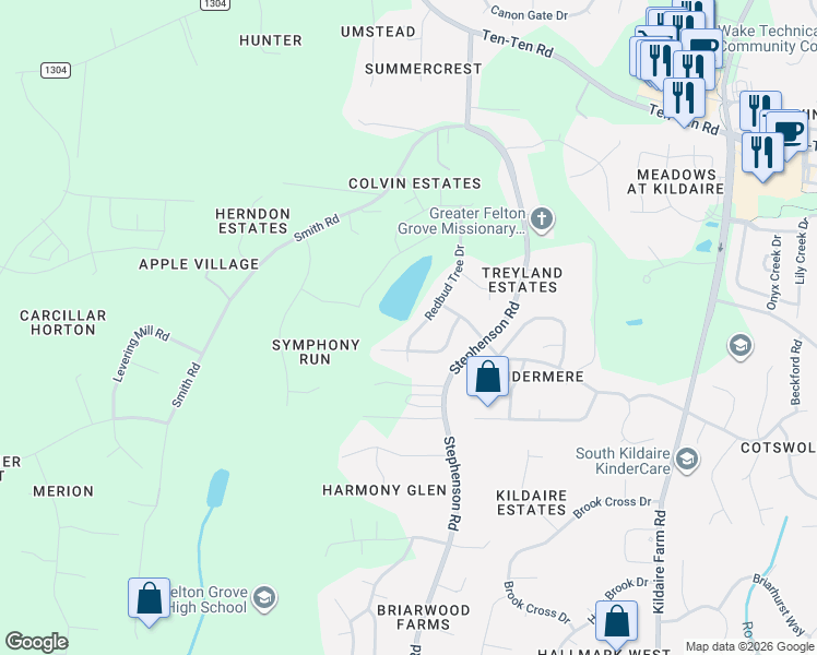 map of restaurants, bars, coffee shops, grocery stores, and more near 2388 Redbud Tree Drive in Apex