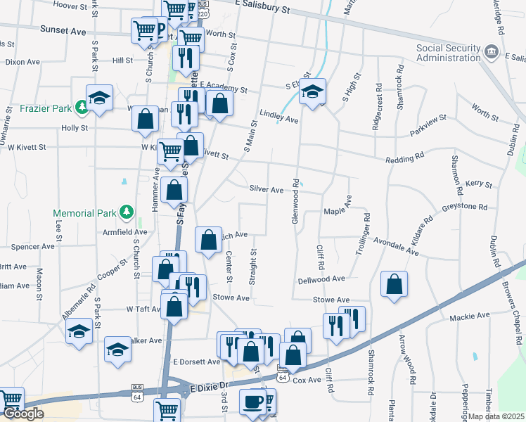 map of restaurants, bars, coffee shops, grocery stores, and more near 810 Highland Street in Asheboro