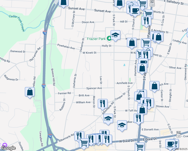 map of restaurants, bars, coffee shops, grocery stores, and more near 812 Lee Street in Asheboro