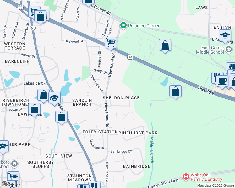 map of restaurants, bars, coffee shops, grocery stores, and more near 107 Dabney Ridge Place in Garner