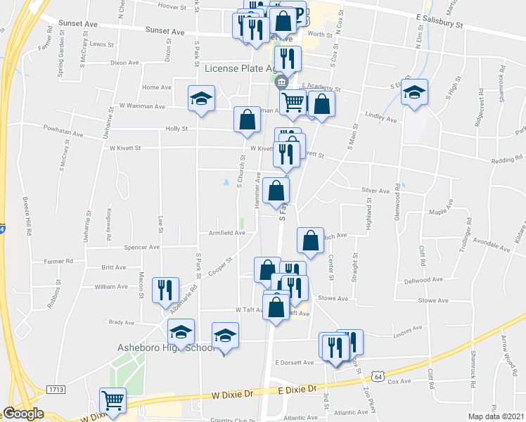 map of restaurants, bars, coffee shops, grocery stores, and more near 124 Birkhead Street in Asheboro