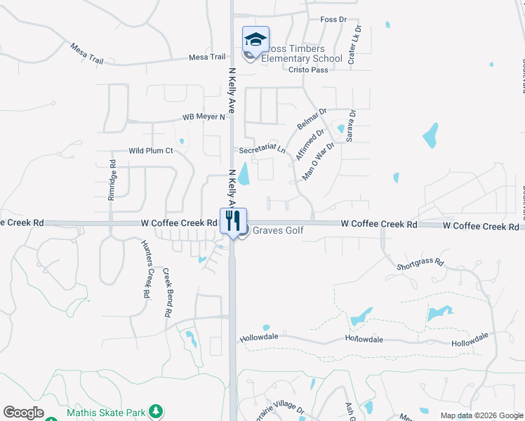 map of restaurants, bars, coffee shops, grocery stores, and more near 4102 Riva Ridge Court in Edmond