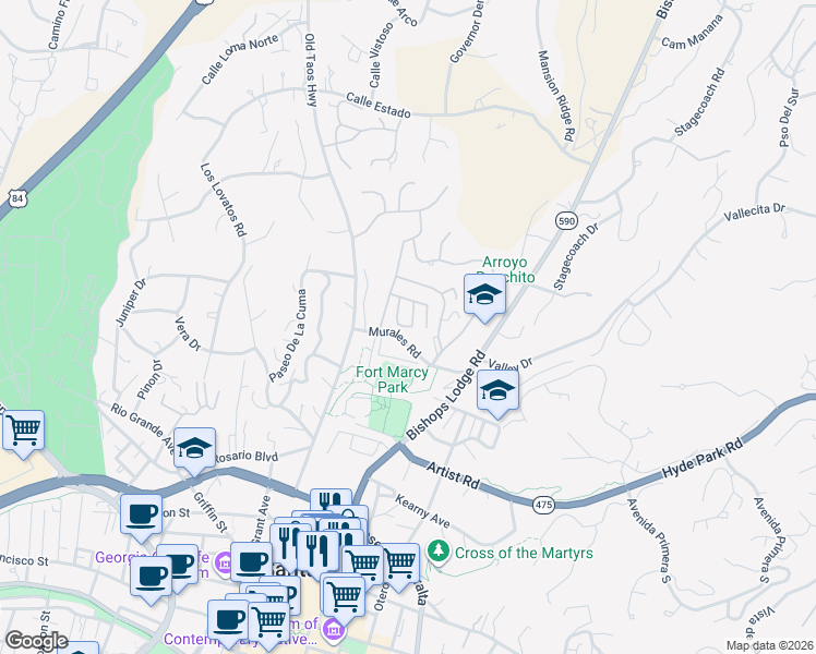map of restaurants, bars, coffee shops, grocery stores, and more near 802 Loma Boreal Street in Santa Fe