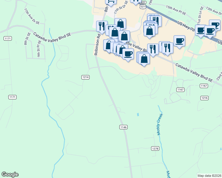 map of restaurants, bars, coffee shops, grocery stores, and more near 2052 Robinson Road in Newton