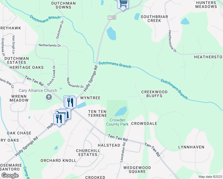 map of restaurants, bars, coffee shops, grocery stores, and more near 4701 Ten Ten Road in Apex