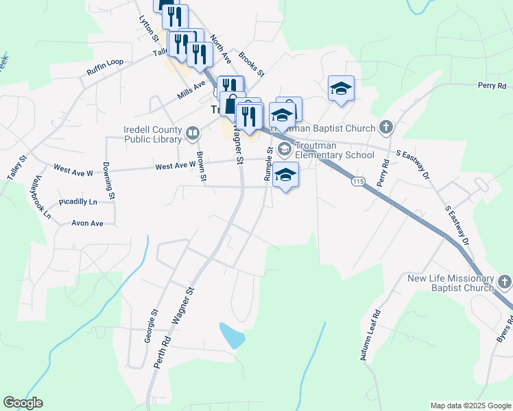 map of restaurants, bars, coffee shops, grocery stores, and more near 318 Rumple Street in Troutman