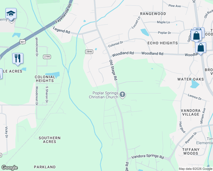 map of restaurants, bars, coffee shops, grocery stores, and more near 6000 Old Stage Road in Raleigh