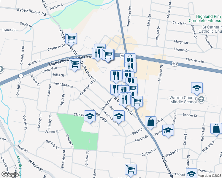 map of restaurants, bars, coffee shops, grocery stores, and more near 808 North Chancery Street in McMinnville