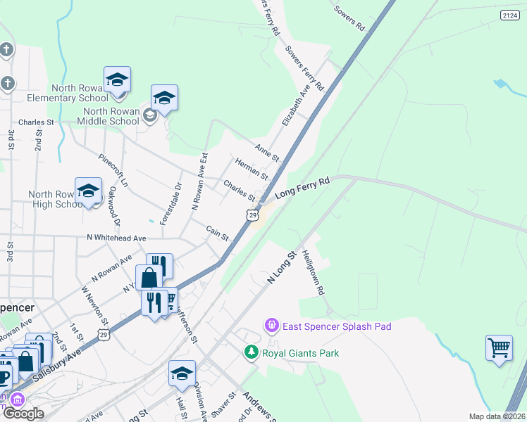 map of restaurants, bars, coffee shops, grocery stores, and more near 621 Salisbury Avenue in Spencer