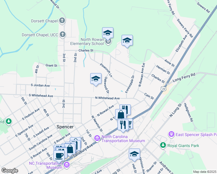 map of restaurants, bars, coffee shops, grocery stores, and more near 408 Oakwood Drive in Spencer