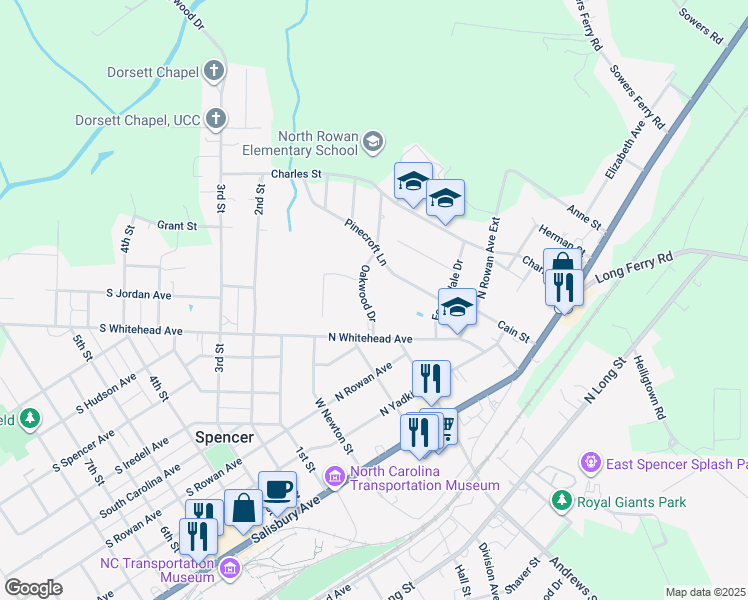 map of restaurants, bars, coffee shops, grocery stores, and more near 408 Oakwood Drive in Spencer