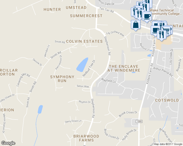 map of restaurants, bars, coffee shops, grocery stores, and more near 108 Wild Blossom Drive in Apex