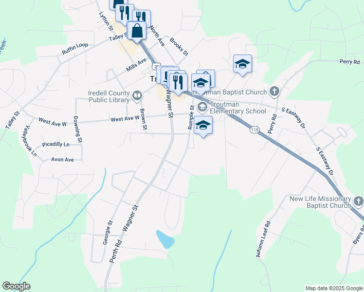 map of restaurants, bars, coffee shops, grocery stores, and more near 318 Rumple Street in Troutman