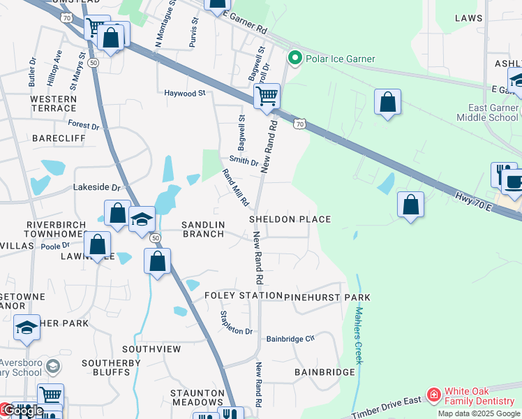map of restaurants, bars, coffee shops, grocery stores, and more near 123 Gatewood Ridge Court in Garner