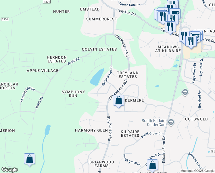 map of restaurants, bars, coffee shops, grocery stores, and more near 108 Wild Blossom Drive in Apex