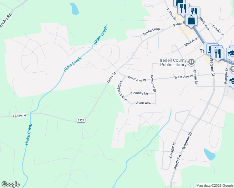 map of restaurants, bars, coffee shops, grocery stores, and more near 245 Valleybrook Lane in Troutman