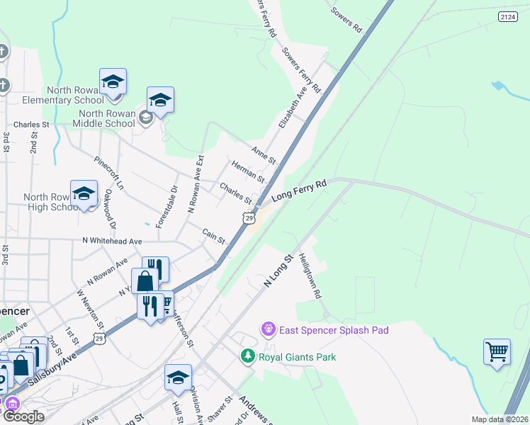 map of restaurants, bars, coffee shops, grocery stores, and more near 621 Salisbury Avenue in Spencer