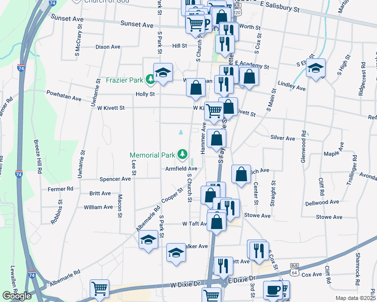 map of restaurants, bars, coffee shops, grocery stores, and more near 825 South Church Street in Asheboro