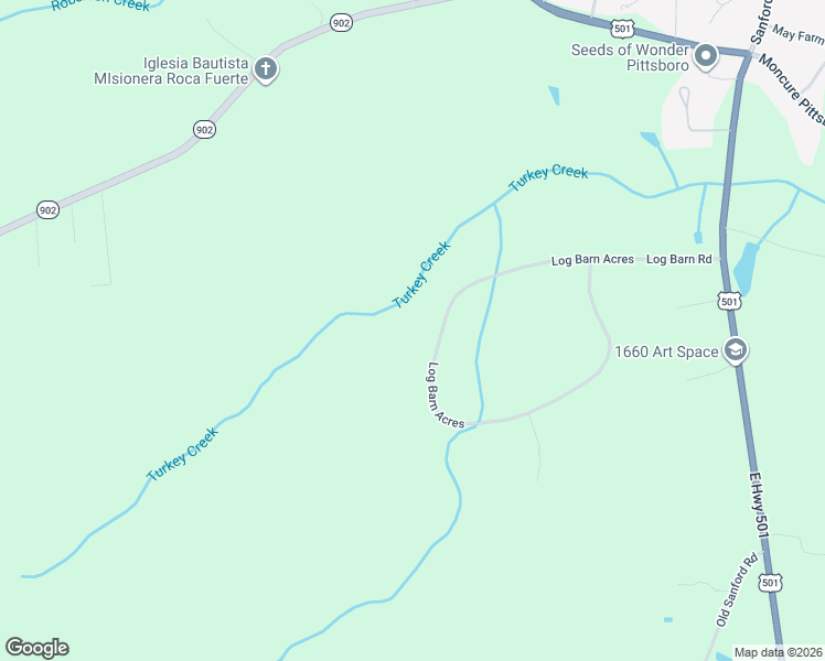 map of restaurants, bars, coffee shops, grocery stores, and more near 712 Log Barn Road in Pittsboro
