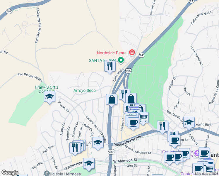 map of restaurants, bars, coffee shops, grocery stores, and more near 442 Greg Avenue in Santa Fe
