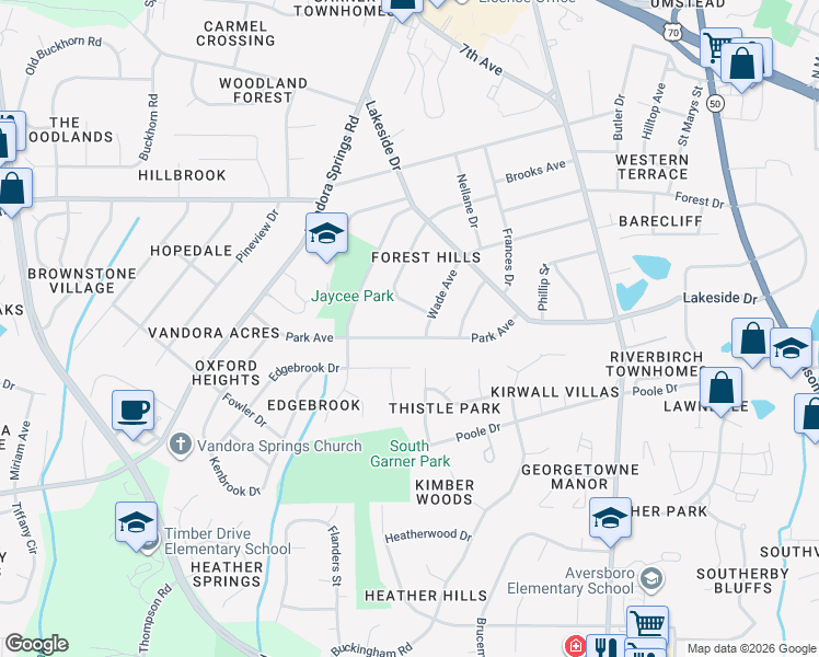 map of restaurants, bars, coffee shops, grocery stores, and more near 1107 Park Avenue in Garner