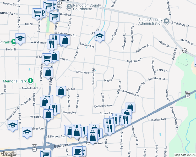 map of restaurants, bars, coffee shops, grocery stores, and more near 444 Maple Avenue in Asheboro