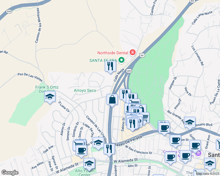 map of restaurants, bars, coffee shops, grocery stores, and more near 442 Greg Avenue in Santa Fe