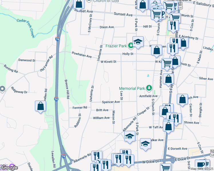 map of restaurants, bars, coffee shops, grocery stores, and more near 806 Windermere Court in Asheboro