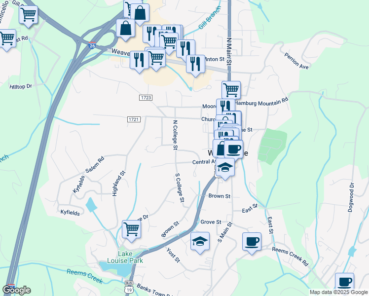map of restaurants, bars, coffee shops, grocery stores, and more near 99999 College Crescent in Weaverville