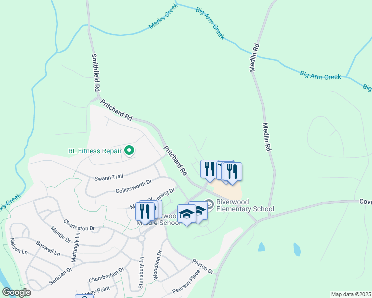 map of restaurants, bars, coffee shops, grocery stores, and more near 161 Stetson Lane in Clayton